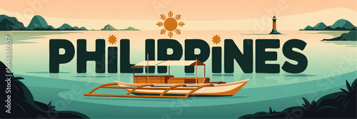 Scenic Philippines Landscape Illustration with Traditional Boat, Mountains, Sunset, and Lighthouse – Vibrant Travel Vector Art