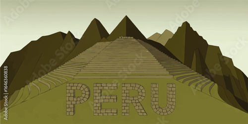 Machu Picchu Inspired Vector Illustration with Stone Text "PERU" and Andes Mountains, Ancient Incan Landmark Art