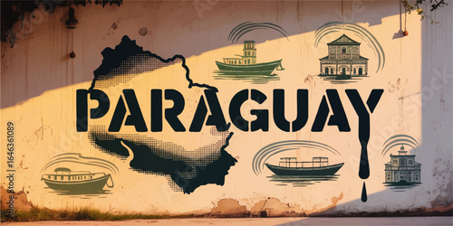 Paraguay Mural Art with Traditional Boats, Historic Architecture, and Map Silhouette on Sunlit Urban Wall
