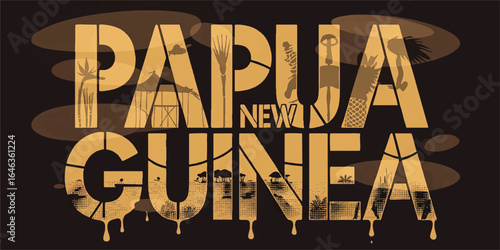 Papua New Guinea Typography Art with Indigenous Culture, Wildlife, and Nature Silhouettes on Dark Background