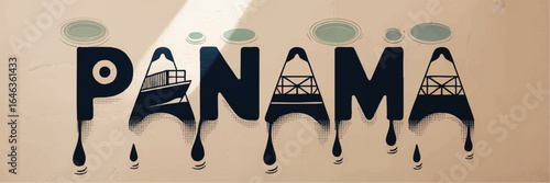Panama Typography Art with Canal Elements, Modern Vector Design, Nautical Ship and Water Drops on Beige Background