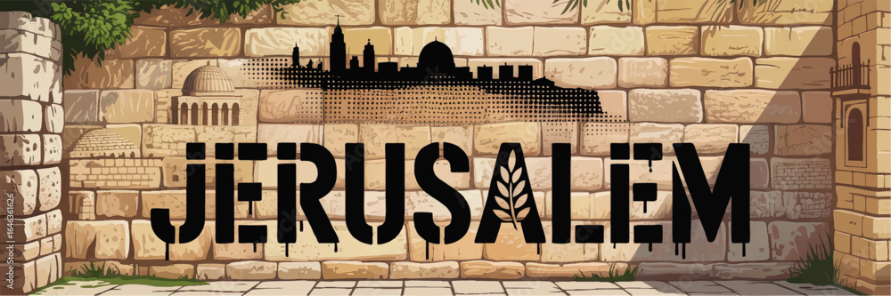 Fototapeta premium Jerusalem Old City Vector Illustration with Ancient Stone Wall, Famous Landmarks Silhouette and Typography for Travel and Tourism