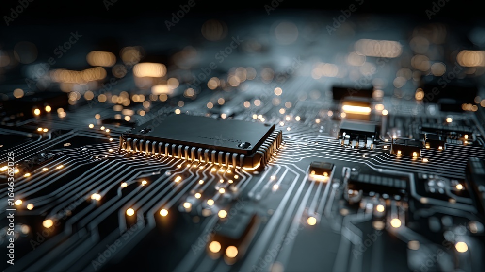 Obraz premium Close-up view of a circuit board with illuminated components.