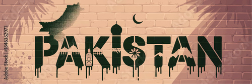 Pakistan Wall Art Vector – Graffiti Style Typography with Landmarks, Map Silhouette, and Crescent Moon on Brick Background