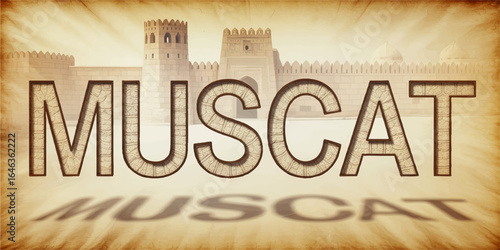 Muscat Oman Fort Illustration with Ancient Fortress, Textured Typography, and Vintage Sepia Effect for Travel and Tourism Design