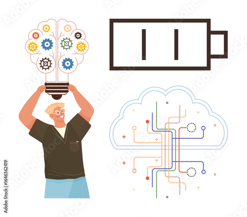 Man lifting a light bulb filled with gears, a technological circuit cloud, and a low battery icon. Ideal for creativity, ideas, innovation, problem-solving, energy technology and brainpower. A