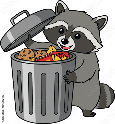 Raccoon raiding a trash can filled with snacks
