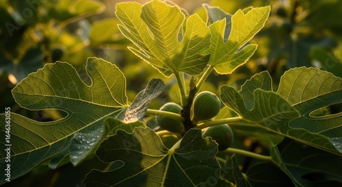 Lush Green Fig Leaves with Sunlight, Fresh Growth on Branch