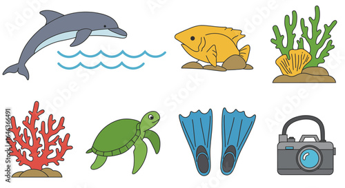 A colorful collection of illustrated icons featuring marine life and scuba diving equipment.