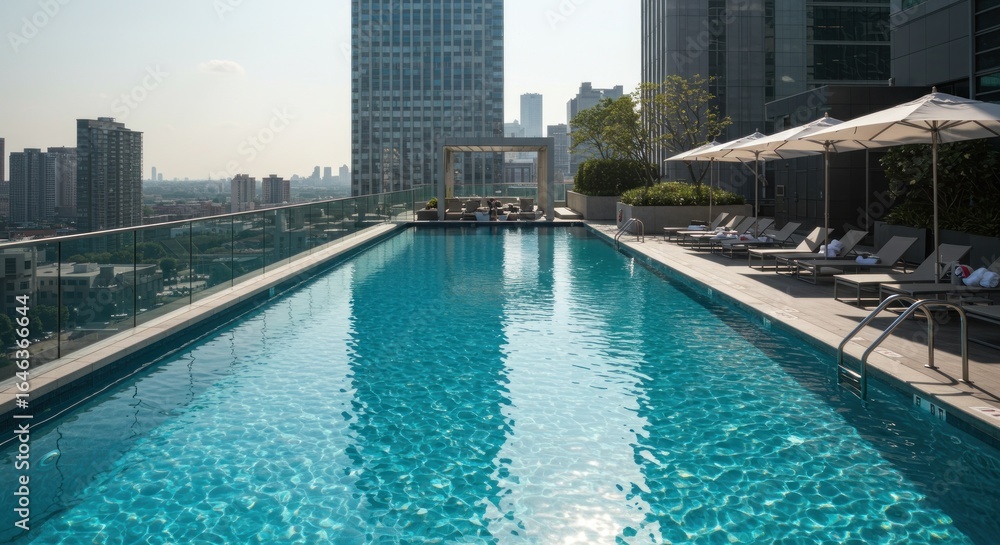 Fototapeta premium Rooftop swimming pool with city skyline view and lounge chairs