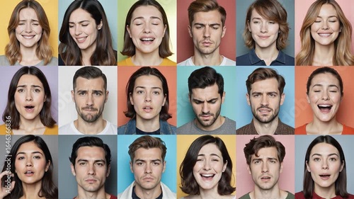18-Panel Split Screen Portrait Animation – Diverse Realistic Facial Expressions 