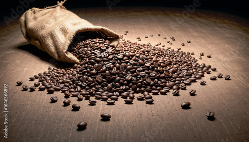 Roasted brown coffee beans spill from a burlap sack, creating a flavorful and natural aroma for a morning
