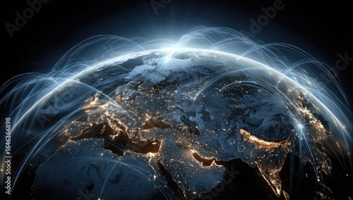 A nighttime, illuminated Earth with glowing lines radiating outward, showcasing global interconnectedness
