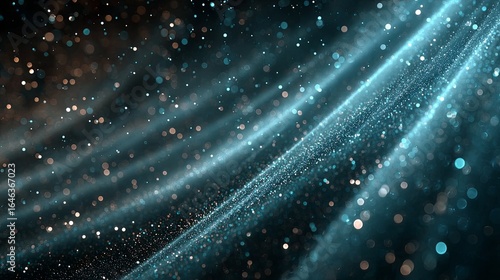 Abstract design with flowing teal and dark teal particles.
