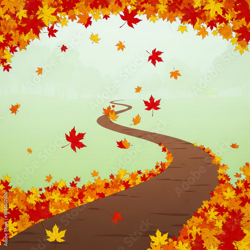 Autumn Path with Falling Maple Leaves Vector Illustration