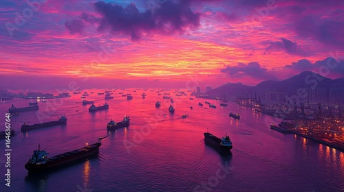 A vibrant sunset over a busy harbor filled with cargo ships.