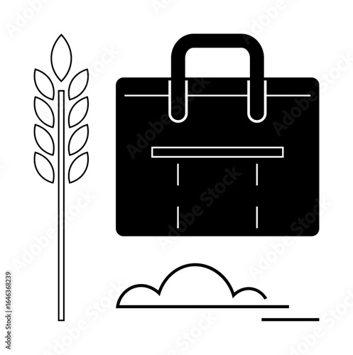 Wheat stalk, business briefcase, and abstract cloud silhouette symbolizing agribusiness, growth, and eco-friendly practices. Ideal for farming, entrepreneurship, economy, trade sustainability