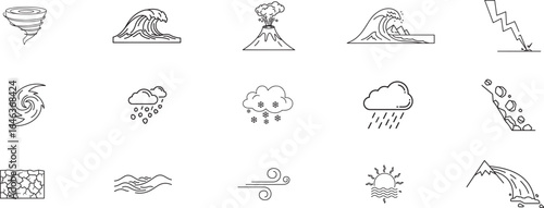 Collection of Minimalist Line Icons Depicting Weather and Natural Phenomena Including Tornadoes, Waves, Volcanoes, Lightning, Rain, Snow, Sun, and Mountains for Environmental Design