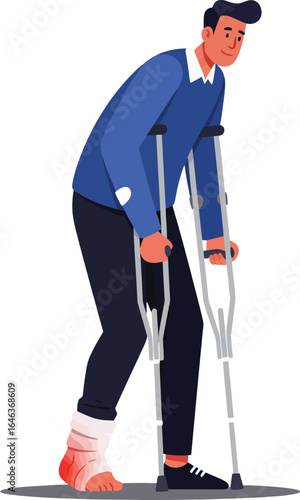Man with leg injury using crutches walking with cast on foot in medical recovery situation vector illustration 
