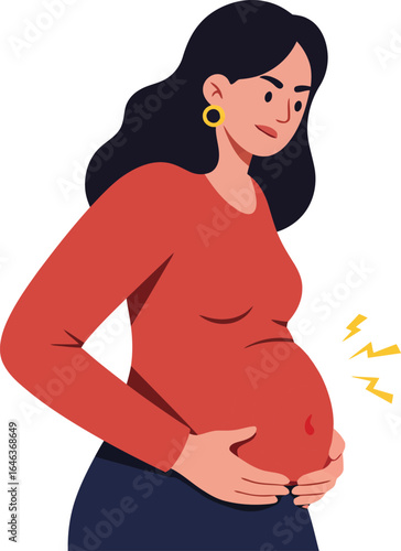 Pregnant woman holding belly experiencing pregnancy symptoms in casual red top vector illustration 