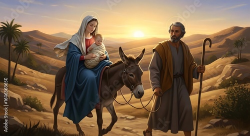 The Holy Family's Flight to Egypt Through the Desert at Sunrise