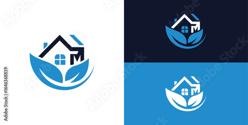 Greenhouse logo letter M, home care, simple linear house logo concept with leaves