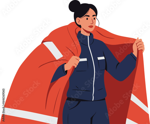Woman athlete wrapping self in red blanket after sports training session vector illustration 
