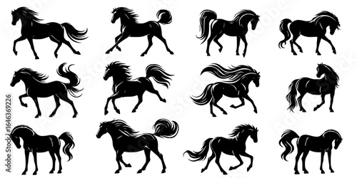 Galloping Grace: Horse Silhouette Series, A striking set of horse silhouettes showcasing dynamic equine poses.