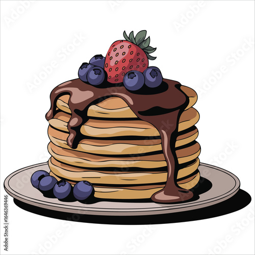 Pancake tower chocolate drizzle fruit vector graphic