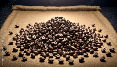 Roasted coffee beans heap on a burlap sack