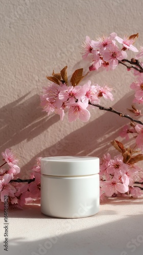 Wallpaper Mural White Eco-Friendly Jar Packaging with Soft Sunlight and Pink Blossoms Torontodigital.ca