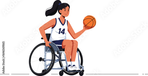 Woman playing wheelchair basketball with ball and sports jersey in active motion vector illustration 