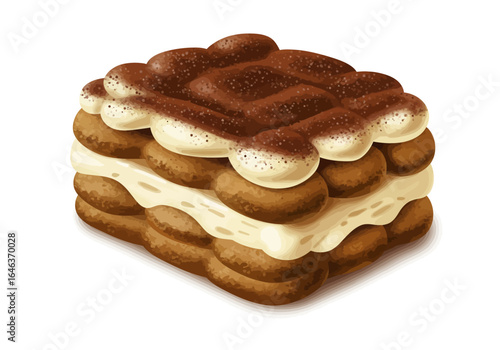 A tiramisu dessert is shown in a layered composition dusted with cocoa powder