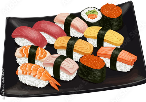 A variety of sushi pieces are displayed on a rectangular black plate