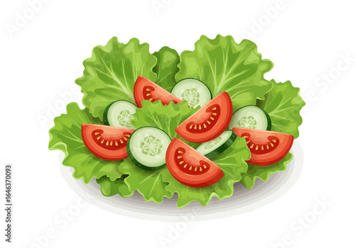 A vibrant salad composed of green lettuce sliced red tomatoes and green cucumbers arranged on a white surface