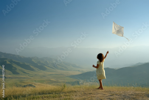 joyful little girl stands on grassy hill passionately flying ultrabright kite against backdrop of rolling green