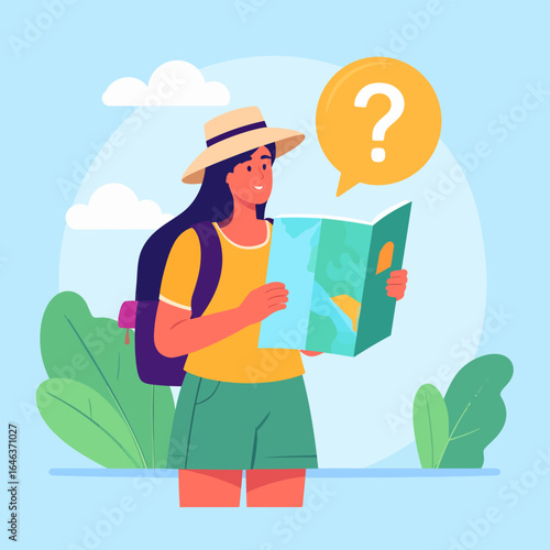 Confused female traveler with a backpack and sun hat, looking lost while reading a map.