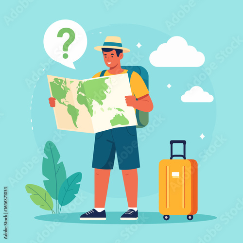 Confused young male tourist with a backpack and hat, holding a world map and standing next to his yellow suitcase.