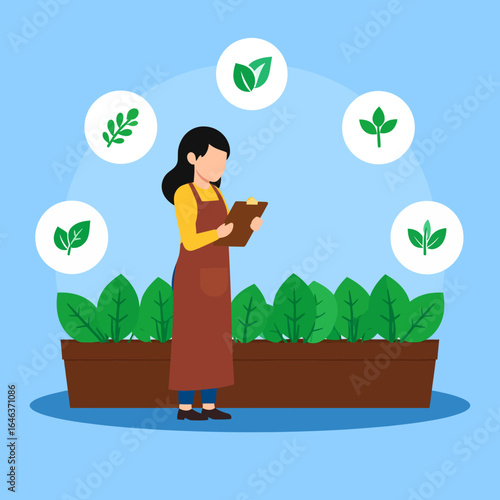 Female botanist with a clipboard and brown apron inspecting green plants in a planter box, a flat vector illustration.