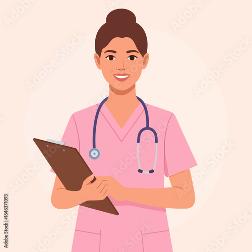 Friendly female nurse in pink scrubs with a stethoscope, holding a clipboard and smiling.