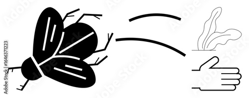 Fly in motion towards a hand with liquid splashing nearby, emphasizing hygiene, caution, health risks, pest control, cleanliness, disease prevention, and sanitation in a simple flat metaphor