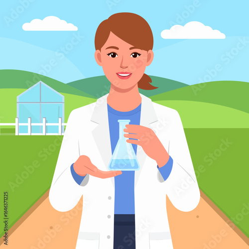 Smiling female scientist in a white lab coat holding an Erlenmeyer flask with blue liquid.