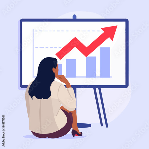 Thoughtful businesswoman in high heels sitting on the floor, studying a rising bar graph with a red arrow.
