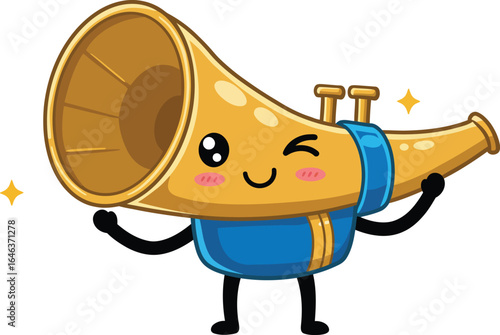 Cartoon smiling brass bugle musical instrument character with blue strap vector illustration 