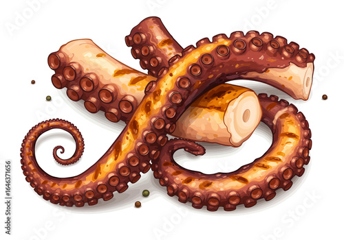 Illustration of grilled octopus tentacles brown with suckers arranged on a white surface with green peppercorns