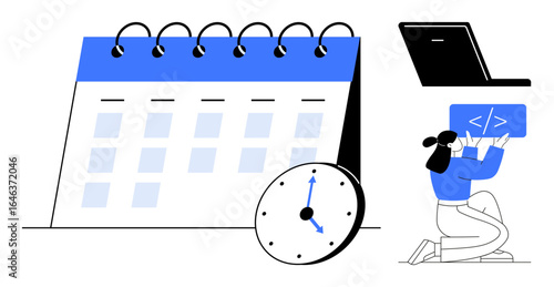 Female coder inspecting code on a tablet near a spiral-bound calendar, clock, and laptop. Ideal for time management, productivity, coding, scheduling, technology, work-life balance simple landing