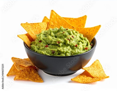 Bowl of guacamole with tortilla chips, isolated on white background