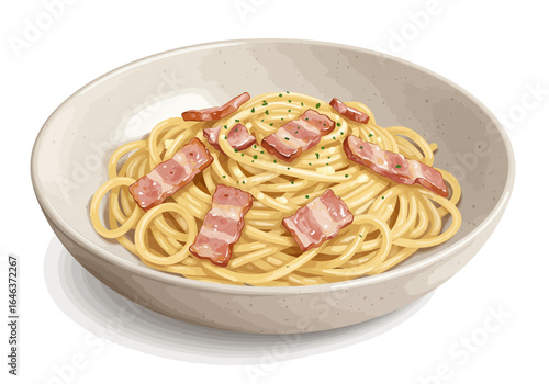 Pasta dish of spaghetti carbonara in a speckled beige bowl with bacon pieces  green herbs