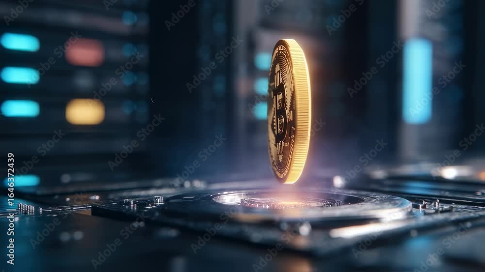 Medium shot of a glowing holographic NFT token hovering above a blockchain vault device sharp details on token and vault with an abstract tech environment softly out of focus.