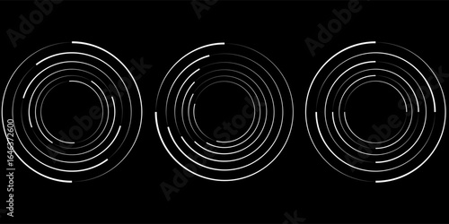 Set of speed lines in circle form. Radial speed Lines in Circle Form for comic books. Technology round Logo. Black thick halftone dotted speed lines.